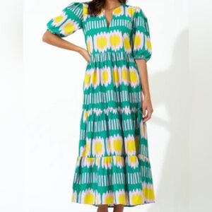 NWT Oliphant Puff Sleeve Green and Pink 100% Cotton Maxi Dress - Size XL